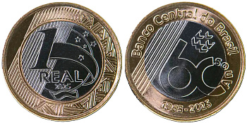 Бразилия 1 реал 2025 60 лет Центральному Банку BR-001482 биметалл  UNC  M71-20