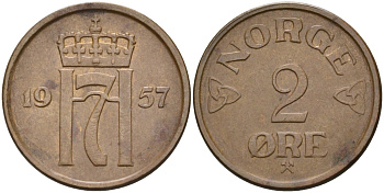 Норвегия 2 эре 1957 Хокон VII (1905-1957) KM 399 бронза 4582-521