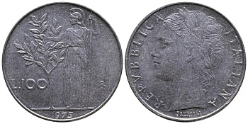 ИТАЛИЯ 100 ЛИР 1975 R, АФИНА KM 96.1 нержавеющая сталь 3334-236