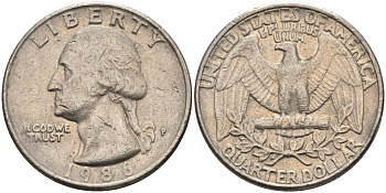 США 25 центов = квотер 1986 P, Вашингтон KM A164a медь плакированная медно-никелем 4584-1233