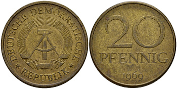 ГДР 20 пфеннигов 1969 A, первый год KM 11 латунь 92-1156