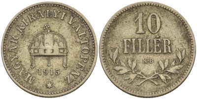 Венгрия 10 филлеров 1915 KB, Франц Иосиф I (1848-1916) KM 494 медь никель цинк 4151-1119