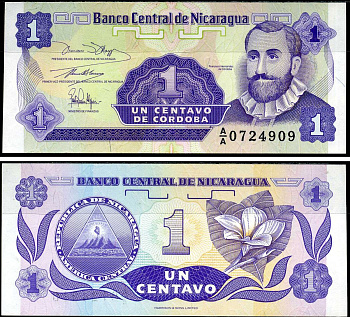 Никарагуа 1 сентаво ND (1991) Франсиско Эрнандес де Кордоба, плюмерия Pick 167 бумага UNC (пресс) 7548-17-1-2