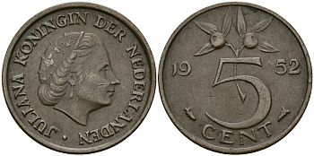 НИДЕРЛАНДЫ 5 ЦЕНТОВ 1952 ЮЛИАНА KM 181 бронза 95-251