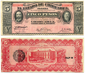 Мексика, Чиуауа 5 песо 1915 слева черная печать, справа надпечатка VLP-B, без даты Pick S 532b бумага 8603-5-1-1