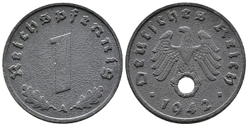 ГЕРМАНИЯ 1 РЕЙХСПФЕННИГ 1942 A KM 97, J. 369 цинк 39-1214