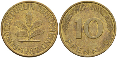 ФРГ 10 пфеннигов 1987 J KM 108 сталь плакированная латунью 4126-537