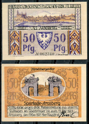 Германия, Арнсберг 50 пфеннигов 1921 нотгельд, 15 декабря 1921 - 15 октября 1922 Grabowski 42.2 бумага UNC (пресс) 00-00