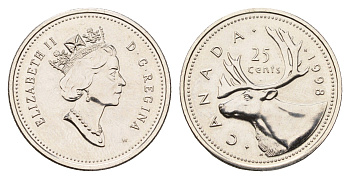 Канада 25 центов 1998 w, Елизавета II (1952-2022), олень KM 184 никель BU 113-733
