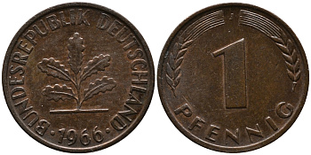 ФРГ 1 пфенниг 1966 J KM 105, J.380 сталь плакированная медью 99-254