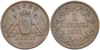 Баден 1 крейцер 1863 Великий Герцог Фридрих I (1856-1907) КМ 242 медь 117-832