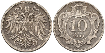 Австрия 10 геллеров 1909 Франц Иосиф I (1848-1916) KM 2802 никель 4585-136