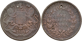 Британская Индия 1/4 анна 1835 с отверстием Британская Ост-Индская компания KM 446.2 медь    4597-116