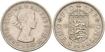 Великобритания 1 шиллинг 1961 Елизавета II (1952-2022), Английский герб KM 904, Spink 4147 медно-никель    4595-851