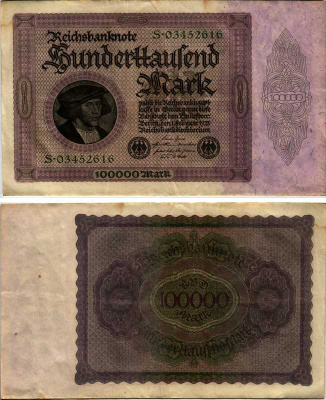 ГЕРМАНИЯ 100000 МАРОК 1923 1 ФЕВРАЛЯ 1923, ДВЕ СЕРИИ Pick 83b бумага 6318-22-1