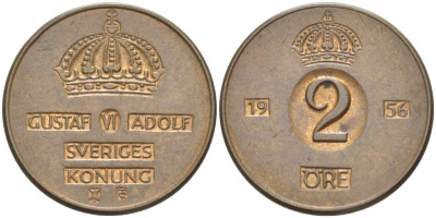 Швеция 2 эре 1956 TS, Густав VI Адольф (1950-1973) KM 821 бронза 4513-1252
