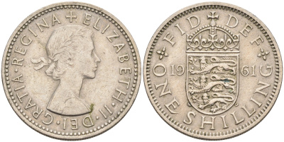 Великобритания 1 шиллинг 1961 Елизавета II (1952-2022), Английский герб KM 904, Spink 4147 медно-никель    4595-851