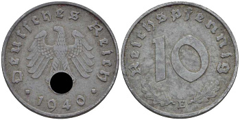 ГЕРМАНИЯ 10 РЕЙХСПФЕННИГОВ 1940 E KM 101, J. 371 цинк 4401-515