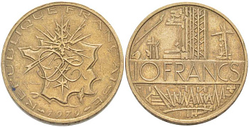 Франция 10 франков 1979 тип Матье KM 940, Le Franc 365.13-14 никель латунь 215-744