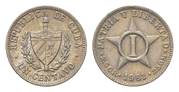 Куба 1 сентаво 1961 звезда, первая Республика (1902-1961) KM 9.2; JMA 9; Y 3b, Schoen 3 медно-никель 4623-822