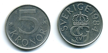 Швеция 5 крон 1984 U Карл XVI Густав (1973- ) KM 853 медно-никель 37-1126