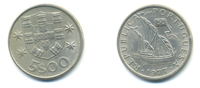 ПОРТУГАЛИЯ 5 ЭСКУДО 1977 ПАРУСНИК KM 591 медно-никель 86-1224