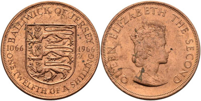 Джерси 1/12 шиллинга 1966 900 лет Нормандскому завоеванию KM 26 бронза UNC 4512-343