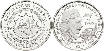 Либерия 5 долларов 1992 чемпионы формулы 1, Найджел Мэнселл 1992 год KM 76 серебро PROOF 1096-5-74