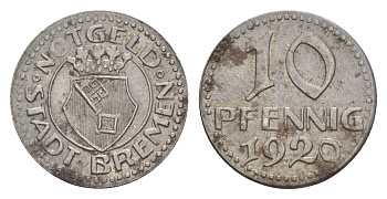 Бремен 10 пфеннигов 1920 Funck 58.1, Men05 3609.1 железо 4636-923