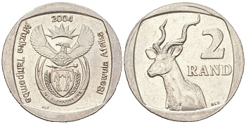 ЮАР 2 ранда 2004 KM 336 медь плакированная медно-никелем aUNC 4364-2241