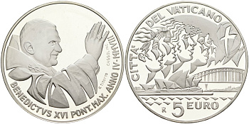 Ватикан 5 евро 2008 Бенедикт XVI, XXVII летние Олимпийские игры 2000 года в Сиднее, в оригинальной коробке, с сертификатом KM 406 серебро  PROOF  7-1-1-29