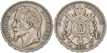 Франция 5 франков 1867 BB, Наполеон III (1852-1870) KM 799.2 серебро 4044-441