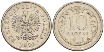 ПОЛЬША 10 ГРОШЕЙ 1991 MW KM 279 медно-никель UNC 4516-1212