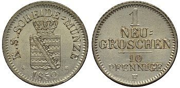 Саксония 1 новый грош - 10 пфеннигов 1852 Фридрих Август II (1797-1854) KM 1159, J. 82 серебро aUNC 413-4642