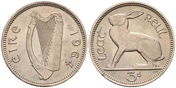 Ирландия 3 пенса 1964 заяц KM 12а медно-никель UNC 4580-929
