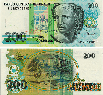 Бразилия 200 крузейро 1990 ПОДПИСЬ 28 Pick 229 бумага UNC (пресс) 8605-40-3-1