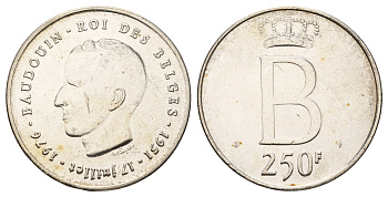 Бельгия 250 франков 1976 25 лет правления Бодуэна I, der Belges KM 157 серебро 1519-1235