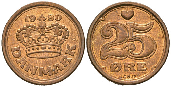 Дания 25 эре 1990 Маргрете II (1972-2024) KM 868 бронза UNC 4621-533