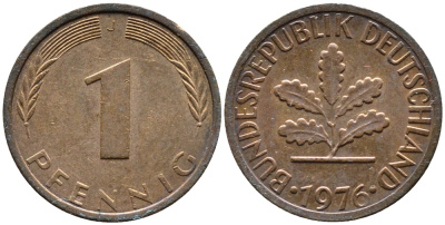 ФРГ 1 ПФЕННИГ 1976 J KM105, J.380 сталь плакированная медью 4392-441