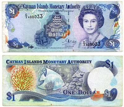 Каймановы острова 1 доллар 2001 Елизавета II (1952-2022), рыбка, серия С/3 Pick 26 b бумага 2197-7-1-1