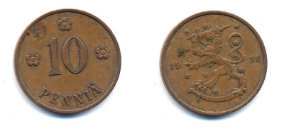 Финляндия 10 пенни 1936 республика (1918-1962) KM 24 медь 51-5513
