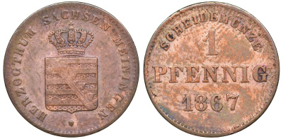 Саксен-Мейнинген 1 пфенниг 1867 Георг II (1866-1914) KM 173, AKS 221, J. 447 медь    220-939