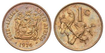 ЮАР 1 цент 1974 герб, капские воробьи KM 82 бронза UNC 4696-924
