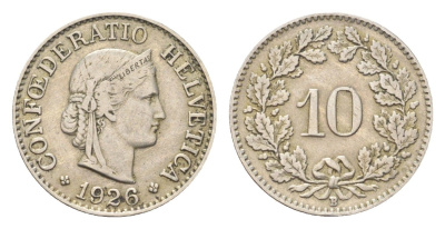 Швейцария 10 раппенов 1926 B KM 27 медно-никель 4708-141