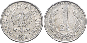 ПОЛЬША 1 ЗЛОТЫЙ 1982 MW KM 49.1, Parchimowicz 213u алюминий 4514-524