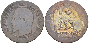 ФРАНЦИЯ 5 САНТИМОВ 1854 К, НАПОЛЕОН III (1852-1870) KM 777.5, LE FRANC 116.13 бронза 217-152