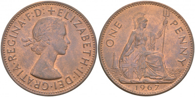 Великобритания 1 пенни 1967 Елизавета II (1952-2022) KM 897, Spink 4157 бронза UNC 3855-635