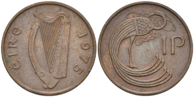 Ирландия 1 пенни 1975 птичка KM 20 бронза 92-145