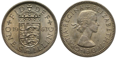 Великобритания 1 шиллинг 1963 Елизавета II (1952-2022), Английский герб KM 904, Spink 4147 медно-никель 117-1247
