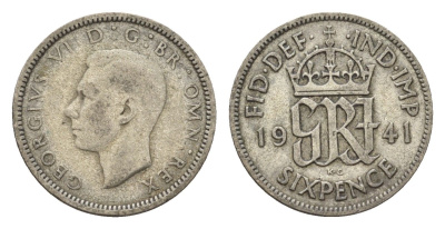 Великобритания 6 пенсов 1941 Георг VI (1936-1952) KM 852, Spink 4084 серебро 4644-1219